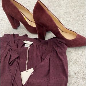 Burgundy tie front blouse.